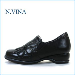 画像1: NVINA　エヌビナ　nv1895bl ブラック 【可愛い大きめお花・スポット履けるゴムゴム。nvina カカトパッドが優しいスリッポン】