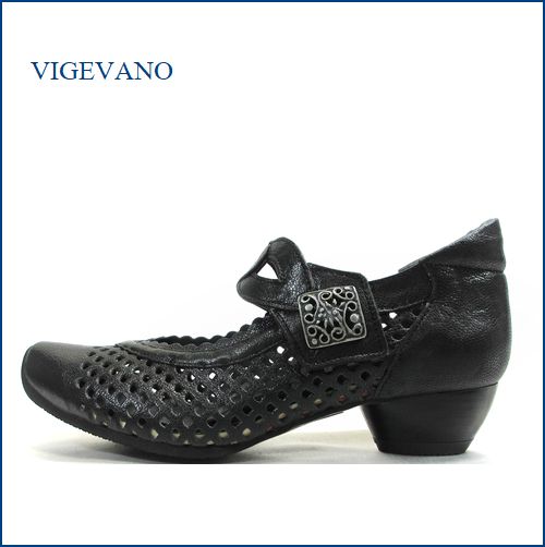 ビジェバノ パンプス  vigevano 　vg7025bl　ブラック 　【靴職人手作りの１足・・小意気なパンチング素材・　vigevano ベルトパンプス】
