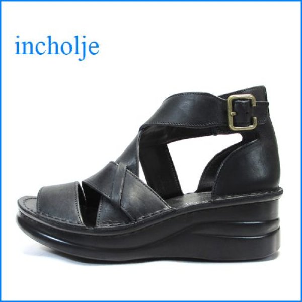 画像1: incholje インコルジェ in4032bl ブラック 【いい色オイル仕上げ。こだわりの感触 フットベット ソール　incholje ブーツサンダル 】 (1)