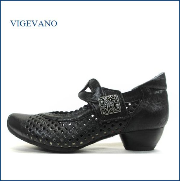 画像1: ビジェバノ パンプス  vigevano 　vg7025bl　ブラック 　【靴職人手作りの１足・・小意気なパンチング素材・　vigevano ベルトパンプス】 (1)